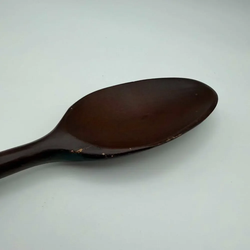 Vintage Wooden Serving Spoon Blue White Handle Dark Wood Salad Serving Spoon